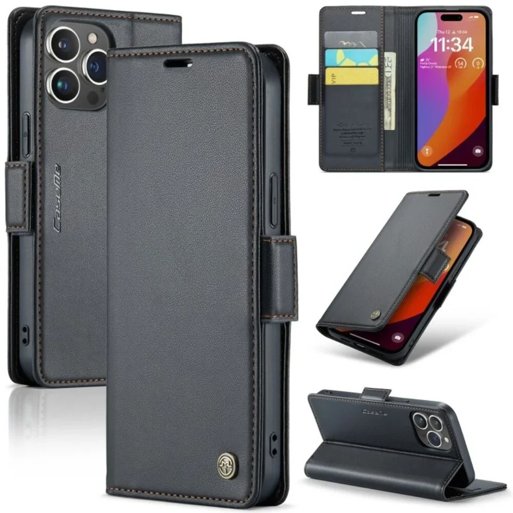 CaseMe 023 For iPhone 15 Pro Max Retro PU Leather Wallet Case Butterfly Buckle w